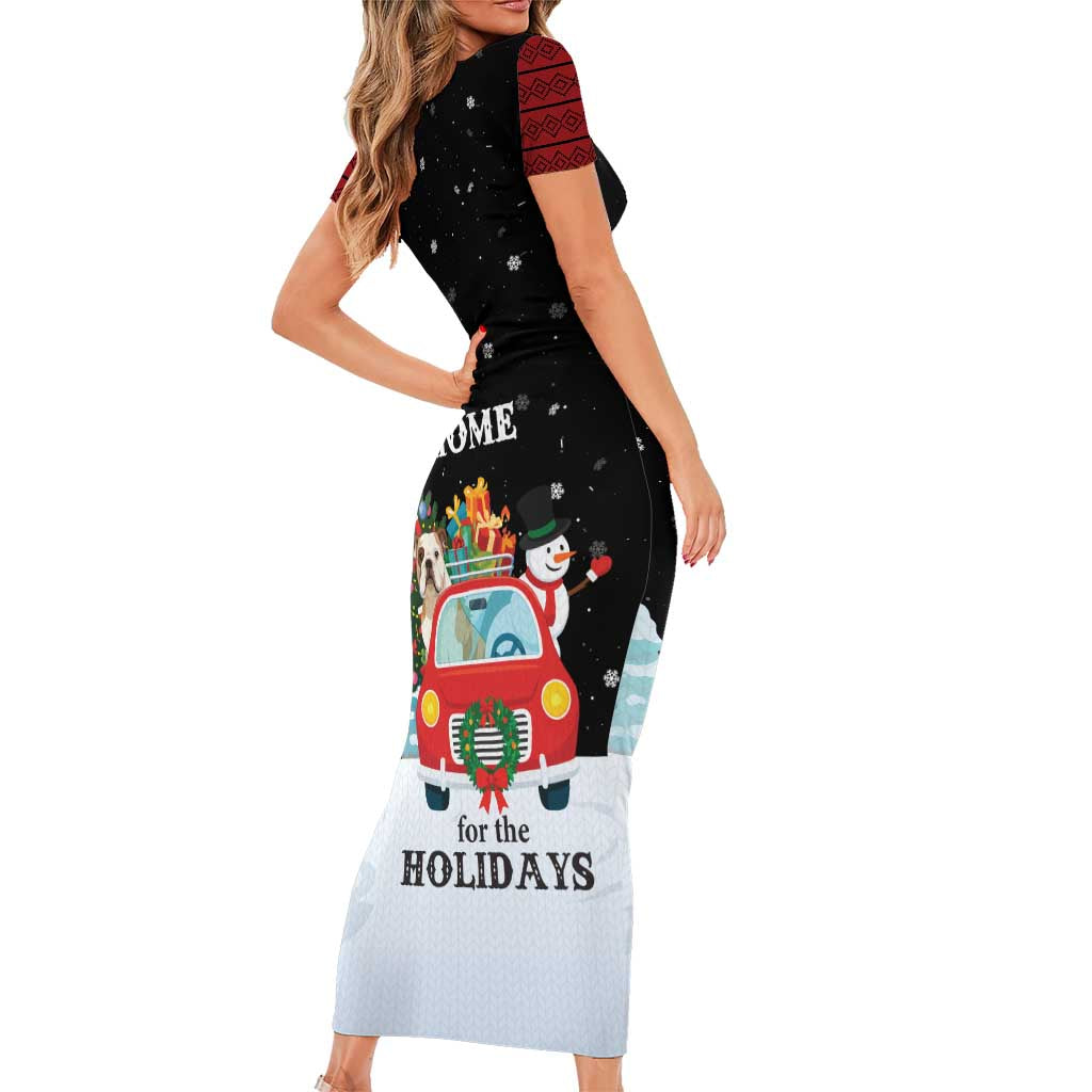 Merry Christmas Bulldog And Snowman Family Matching Short Sleeve Bodycon Dress and Hawaiian Shirt Dog Snowman Christmas Tree and Red Car Winter Scene - Wonder Print Shop