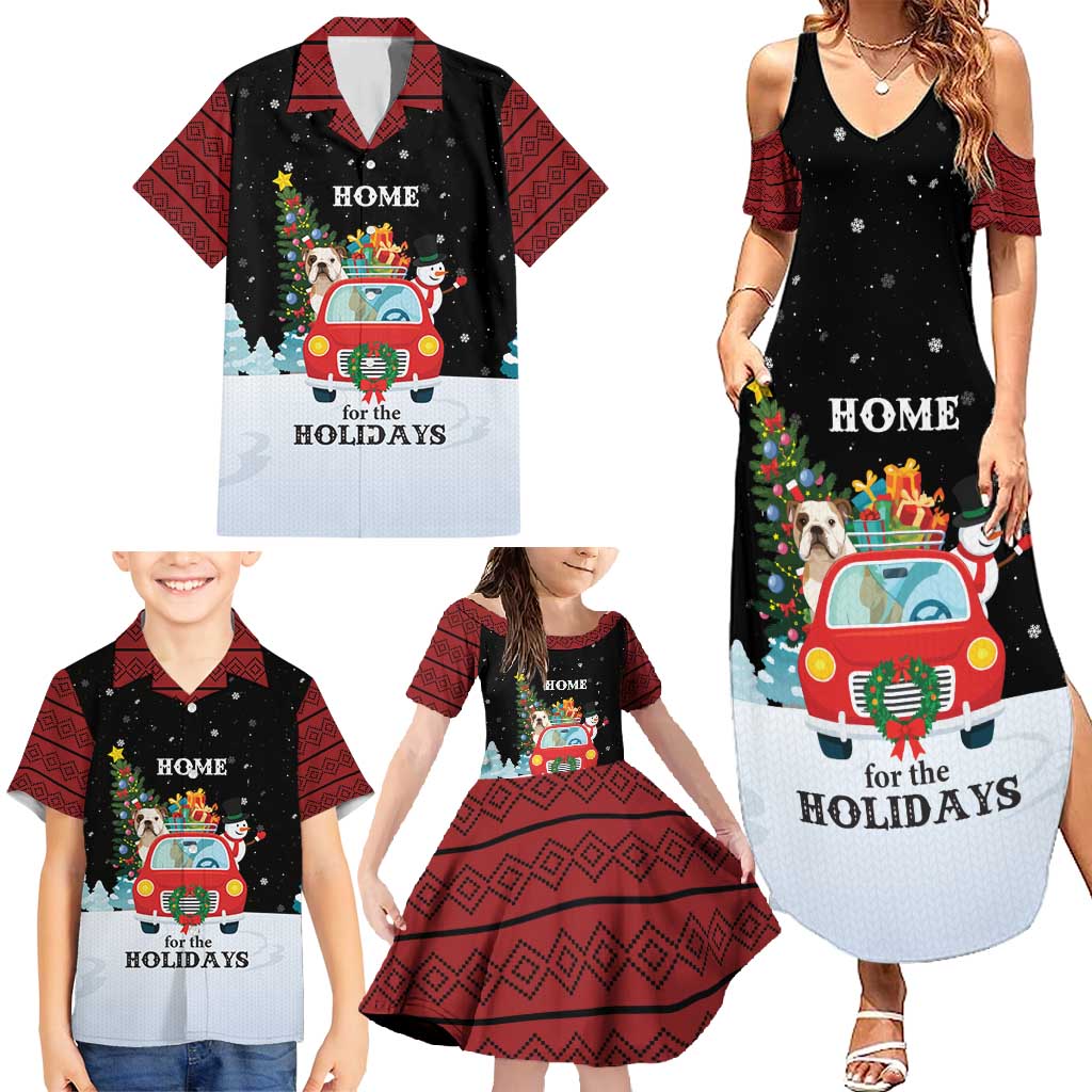Merry Christmas Bulldog And Snowman Family Matching Summer Maxi Dress and Hawaiian Shirt Dog Snowman Christmas Tree and Red Car Winter Scene - Wonder Print Shop