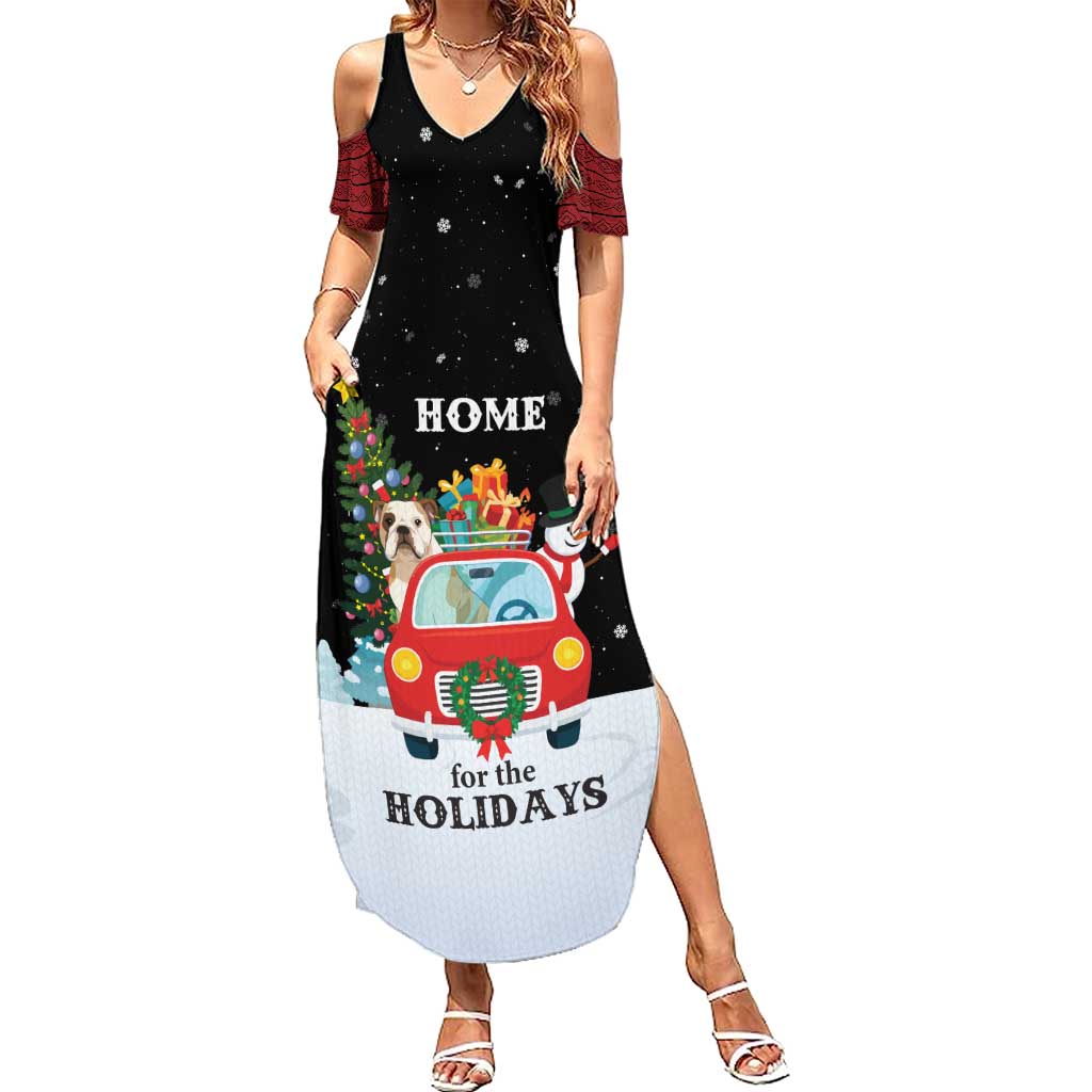 Merry Christmas Bulldog And Snowman Family Matching Summer Maxi Dress and Hawaiian Shirt Dog Snowman Christmas Tree and Red Car Winter Scene - Wonder Print Shop