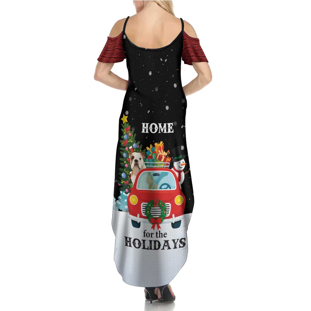 Merry Christmas Bulldog And Snowman Family Matching Summer Maxi Dress and Hawaiian Shirt Dog Snowman Christmas Tree and Red Car Winter Scene - Wonder Print Shop