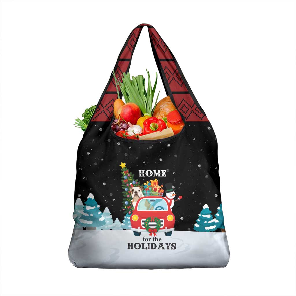 Merry Christmas Bulldog And Snowman Grocery Bag Dog Snowman Christmas Tree and Red Car Winter Scene - Wonder Print Shop
