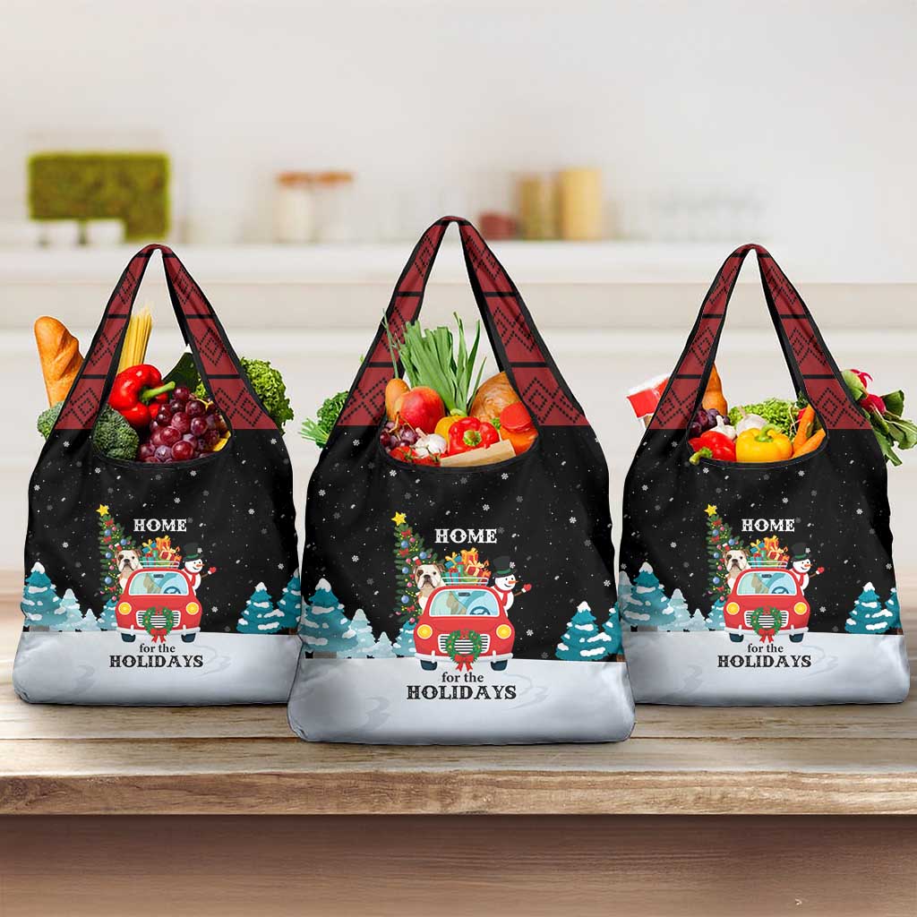 Merry Christmas Bulldog And Snowman Grocery Bag Dog Snowman Christmas Tree and Red Car Winter Scene - Wonder Print Shop