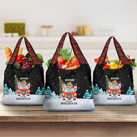 Merry Christmas Bulldog And Snowman Grocery Bag Dog Snowman Christmas Tree and Red Car Winter Scene - Wonder Print Shop