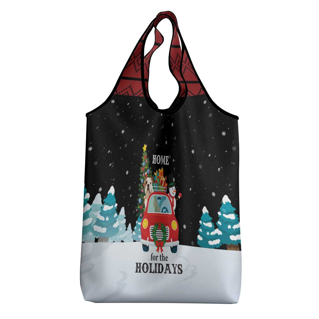 Merry Christmas Bulldog And Snowman Grocery Bag Dog Snowman Christmas Tree and Red Car Winter Scene - Wonder Print Shop