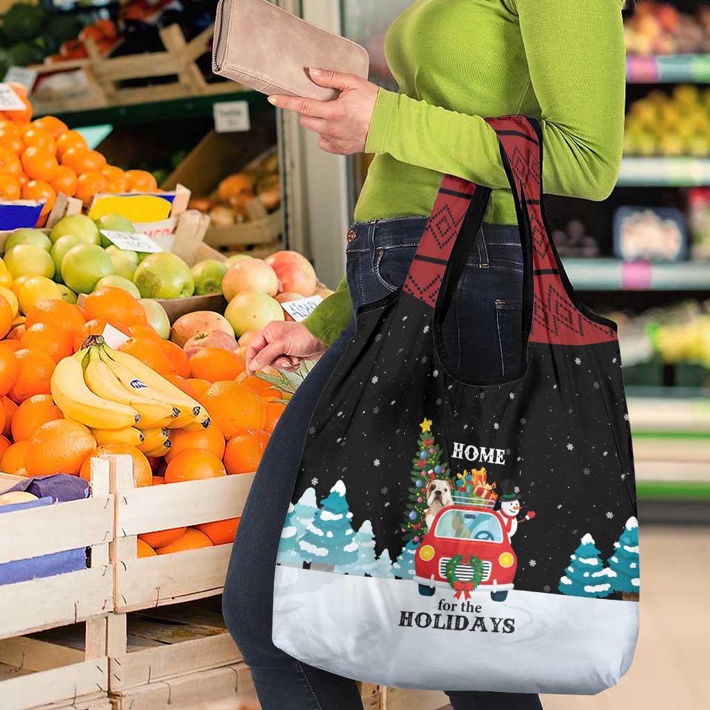 Merry Christmas Bulldog And Snowman Grocery Bag Dog Snowman Christmas Tree and Red Car Winter Scene - Wonder Print Shop