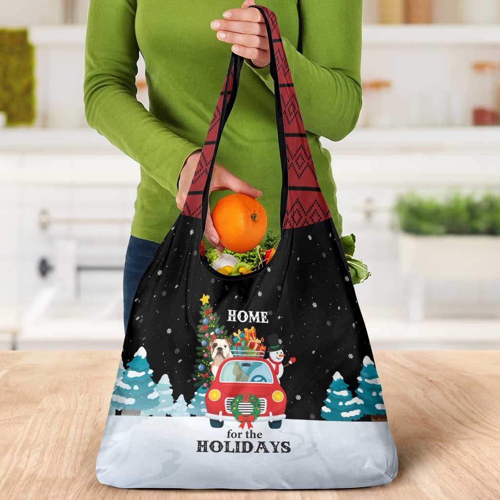 Merry Christmas Bulldog And Snowman Grocery Bag Dog Snowman Christmas Tree and Red Car Winter Scene - Wonder Print Shop