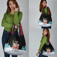 Merry Christmas Bulldog And Snowman Grocery Bag Dog Snowman Christmas Tree and Red Car Winter Scene - Wonder Print Shop