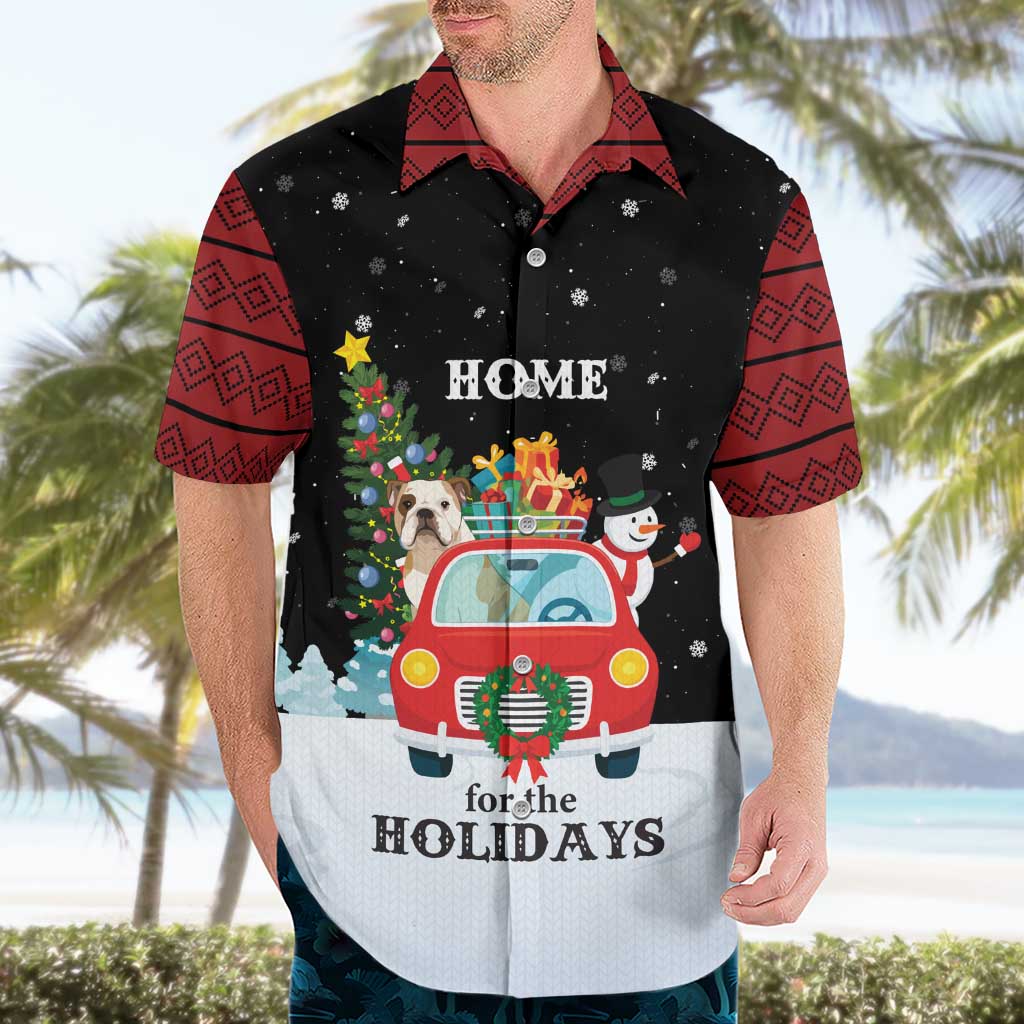 Merry Christmas Bulldog And Snowman Hawaiian Shirt Dog Snowman Christmas Tree and Red Car Winter Scene - Wonder Print Shop