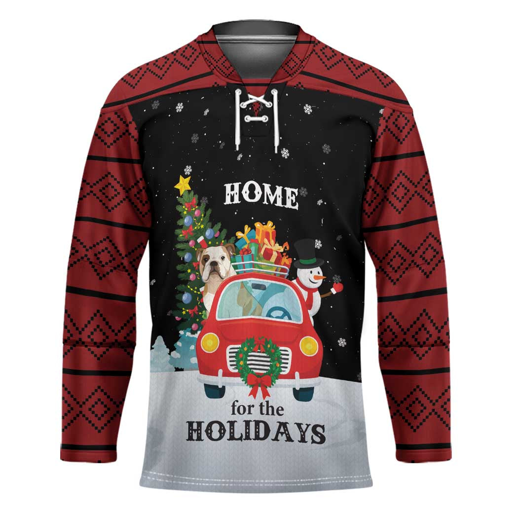 Merry Christmas Bulldog And Snowman Hockey Jersey Dog Snowman Christmas Tree and Red Car Winter Scene - Wonder Print Shop