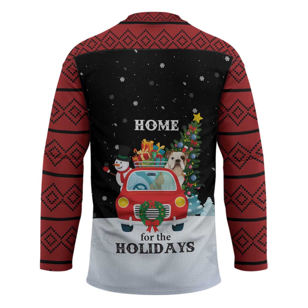 Merry Christmas Bulldog And Snowman Hockey Jersey Dog Snowman Christmas Tree and Red Car Winter Scene - Wonder Print Shop
