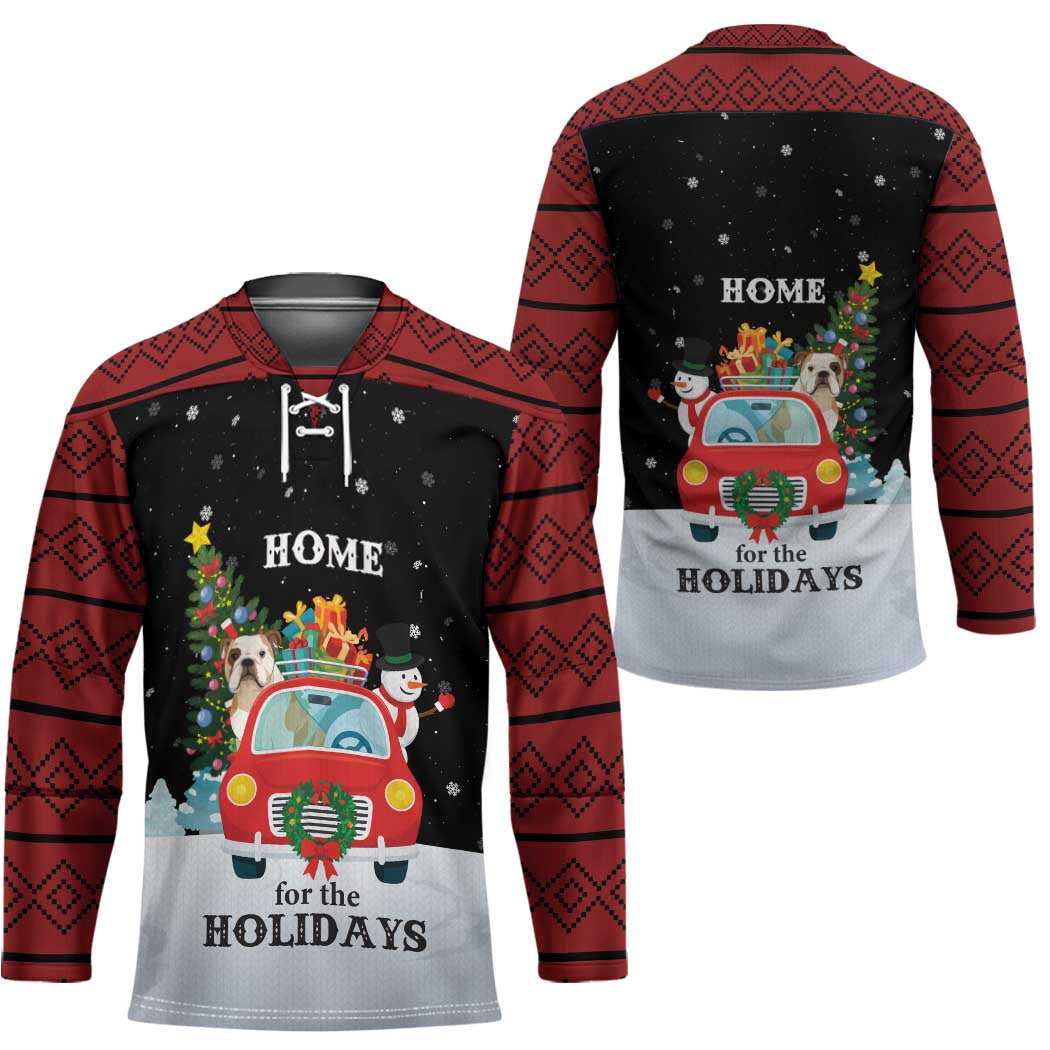 Merry Christmas Bulldog And Snowman Hockey Jersey Dog Snowman Christmas Tree and Red Car Winter Scene - Wonder Print Shop