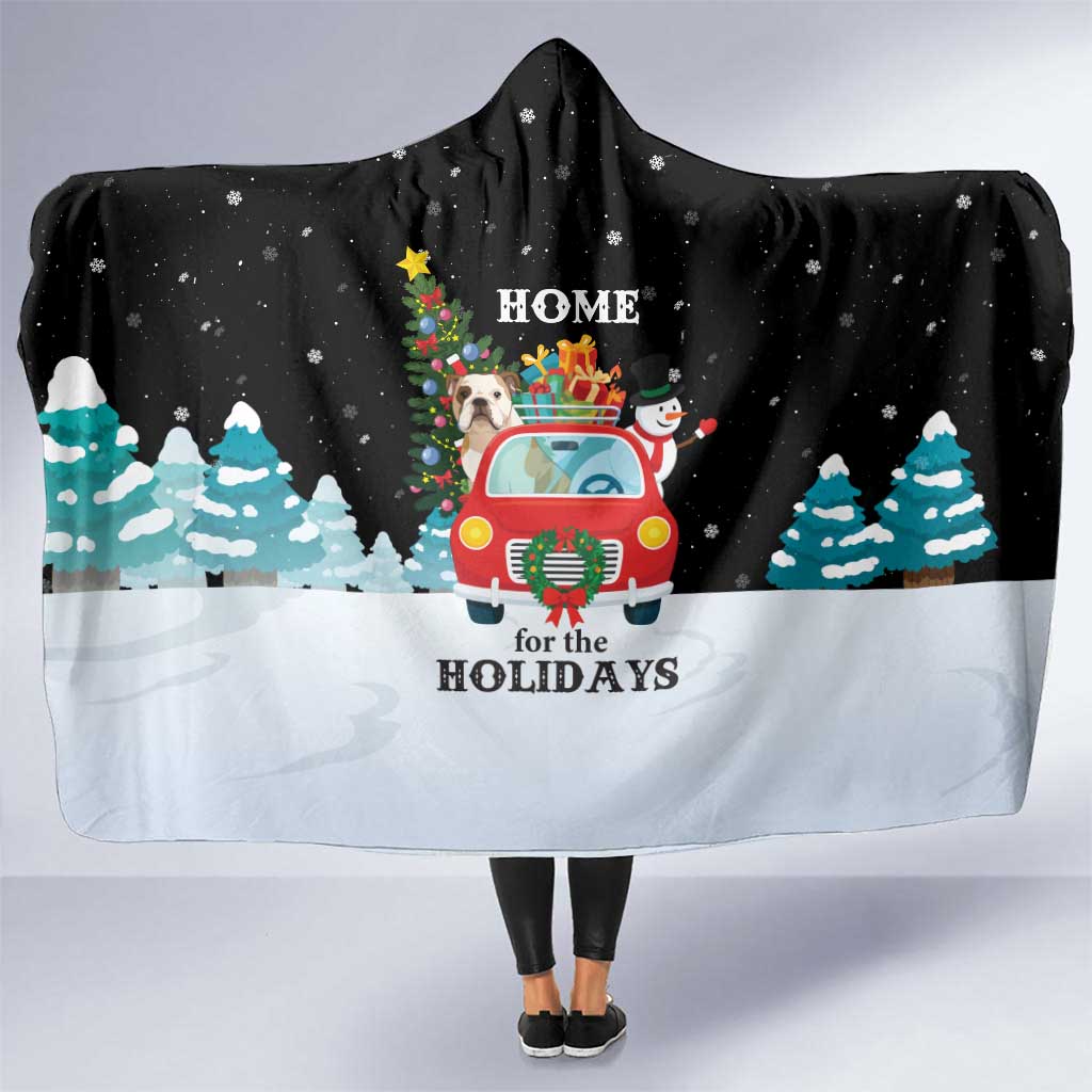 Merry Christmas Bulldog And Snowman Hooded Blanket Dog Snowman Christmas Tree and Red Car Winter Scene - Wonder Print Shop
