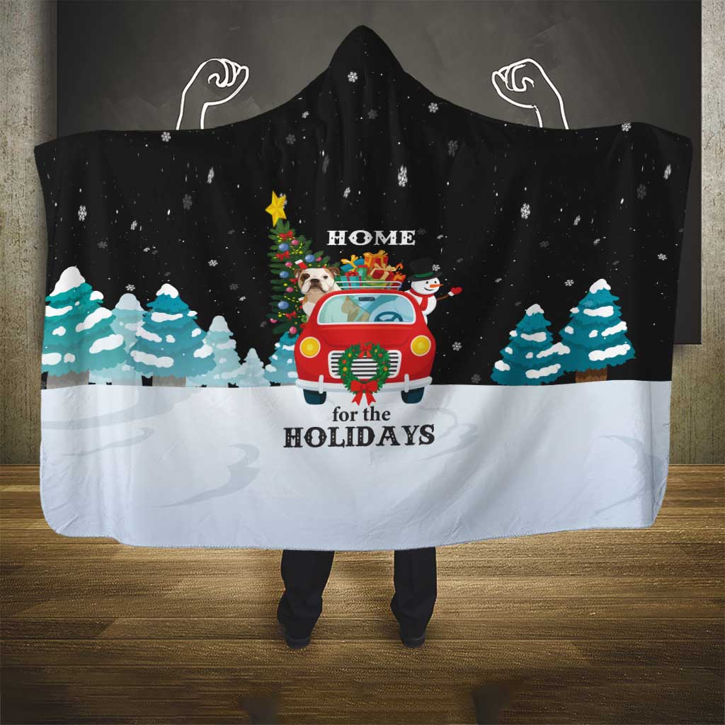 Merry Christmas Bulldog And Snowman Hooded Blanket Dog Snowman Christmas Tree and Red Car Winter Scene - Wonder Print Shop