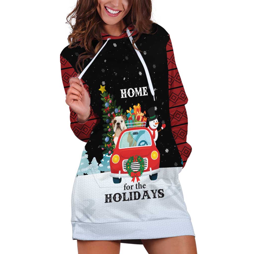 Merry Christmas Bulldog And Snowman Hoodie Dress Dog Snowman Christmas Tree and Red Car Winter Scene - Wonder Print Shop