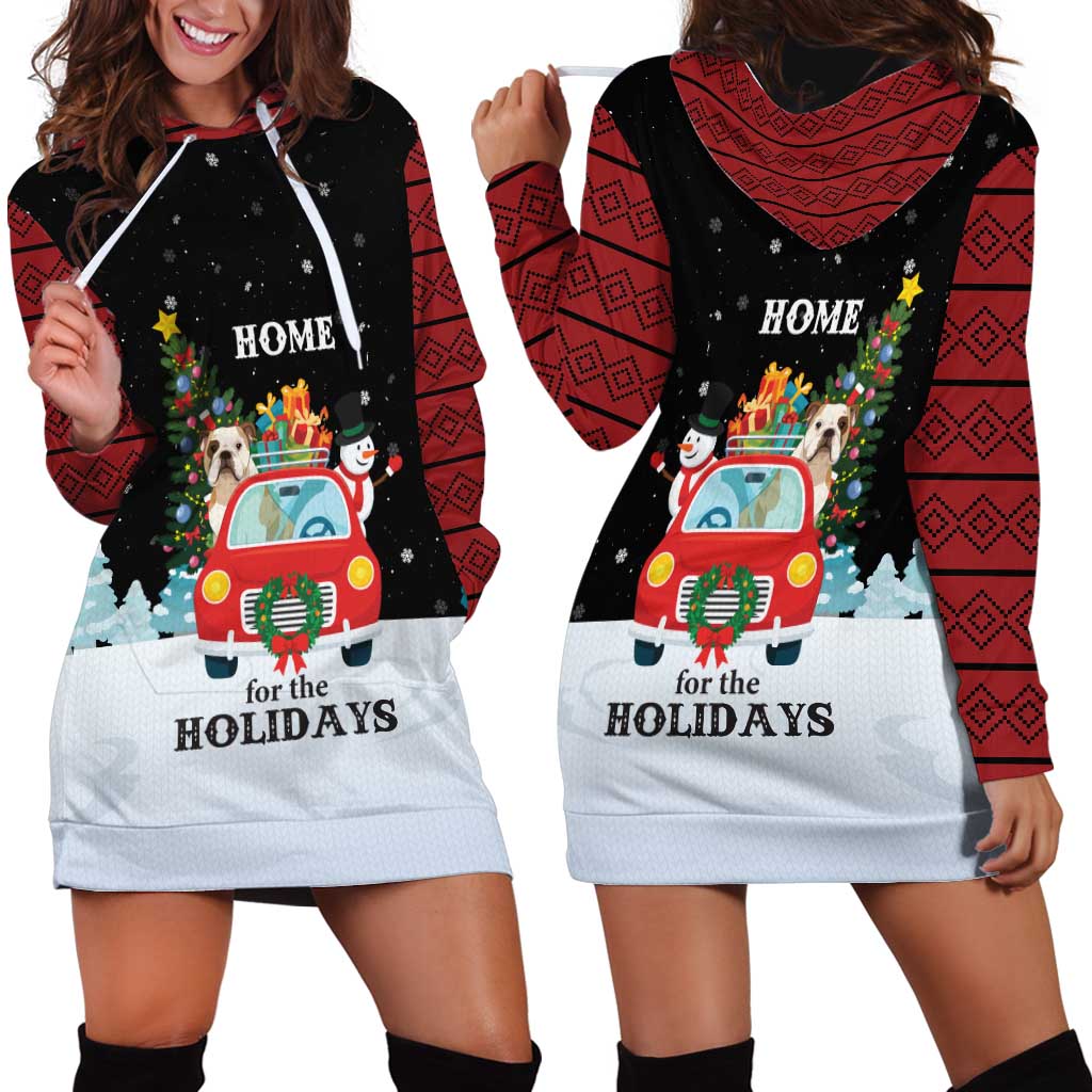 Merry Christmas Bulldog And Snowman Hoodie Dress Dog Snowman Christmas Tree and Red Car Winter Scene - Wonder Print Shop