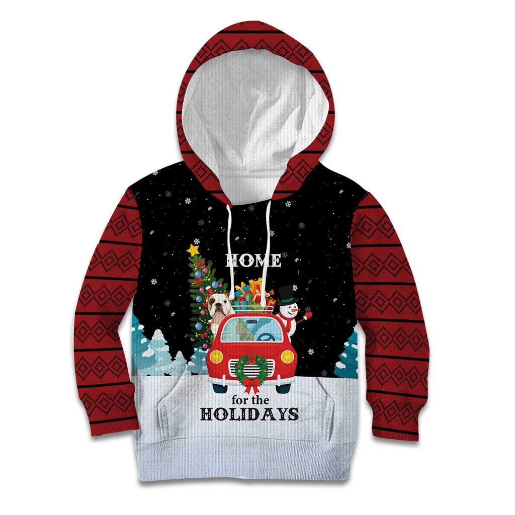 Merry Christmas Bulldog And Snowman Kid Hoodie Dog Snowman Christmas Tree and Red Car Winter Scene - Wonder Print Shop