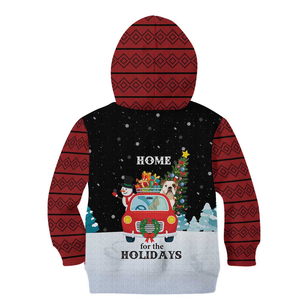 Merry Christmas Bulldog And Snowman Kid Hoodie Dog Snowman Christmas Tree and Red Car Winter Scene - Wonder Print Shop