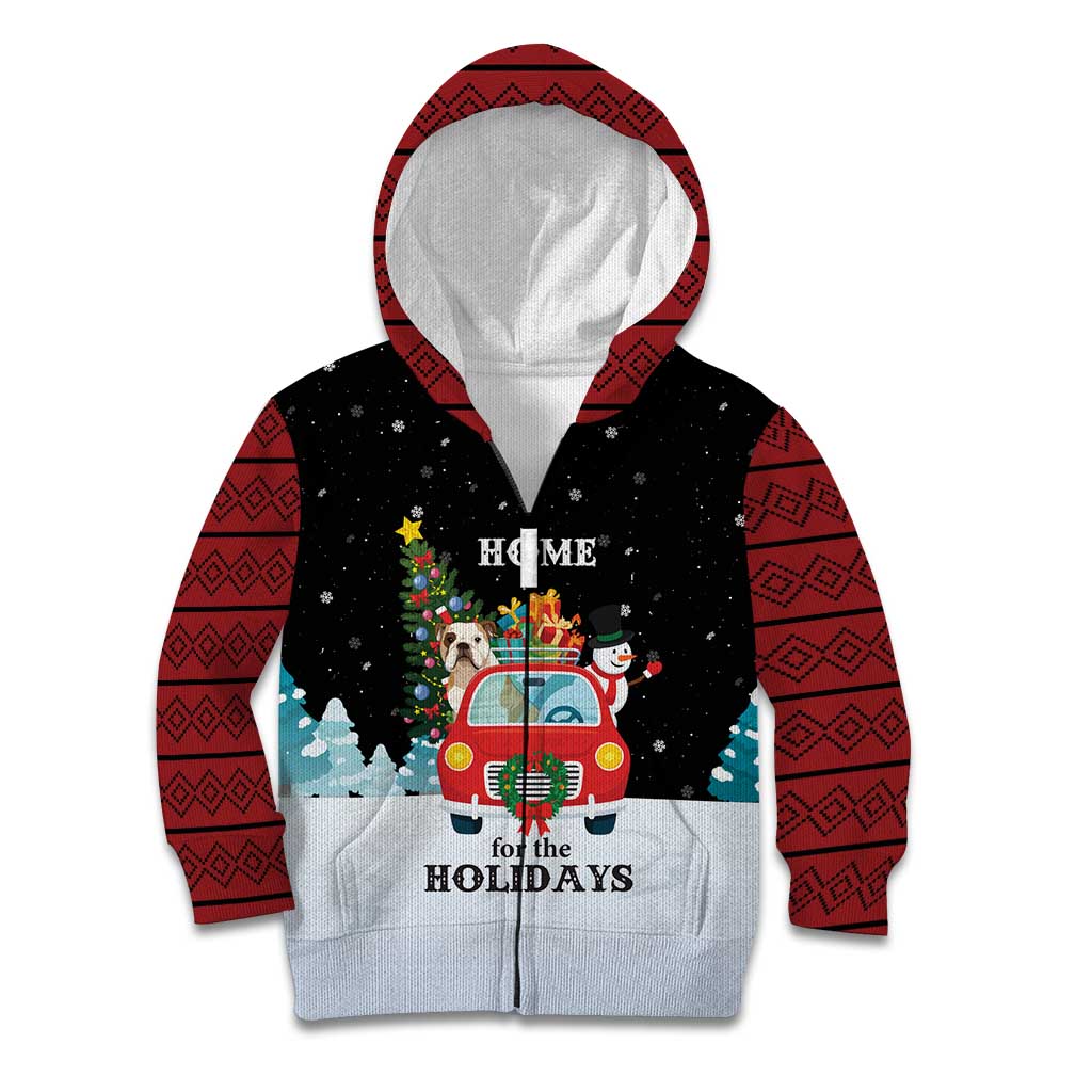 Merry Christmas Bulldog And Snowman Kid Hoodie Dog Snowman Christmas Tree and Red Car Winter Scene - Wonder Print Shop