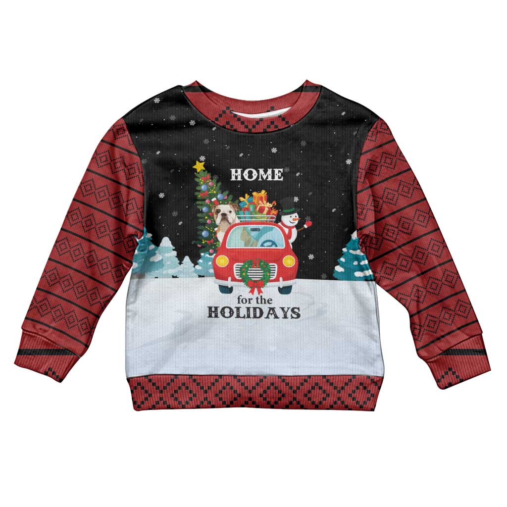 Merry Christmas Bulldog And Snowman Kid Ugly Christmas Sweater Dog Snowman Christmas Tree and Red Car Winter Scene - Wonder Print Shop