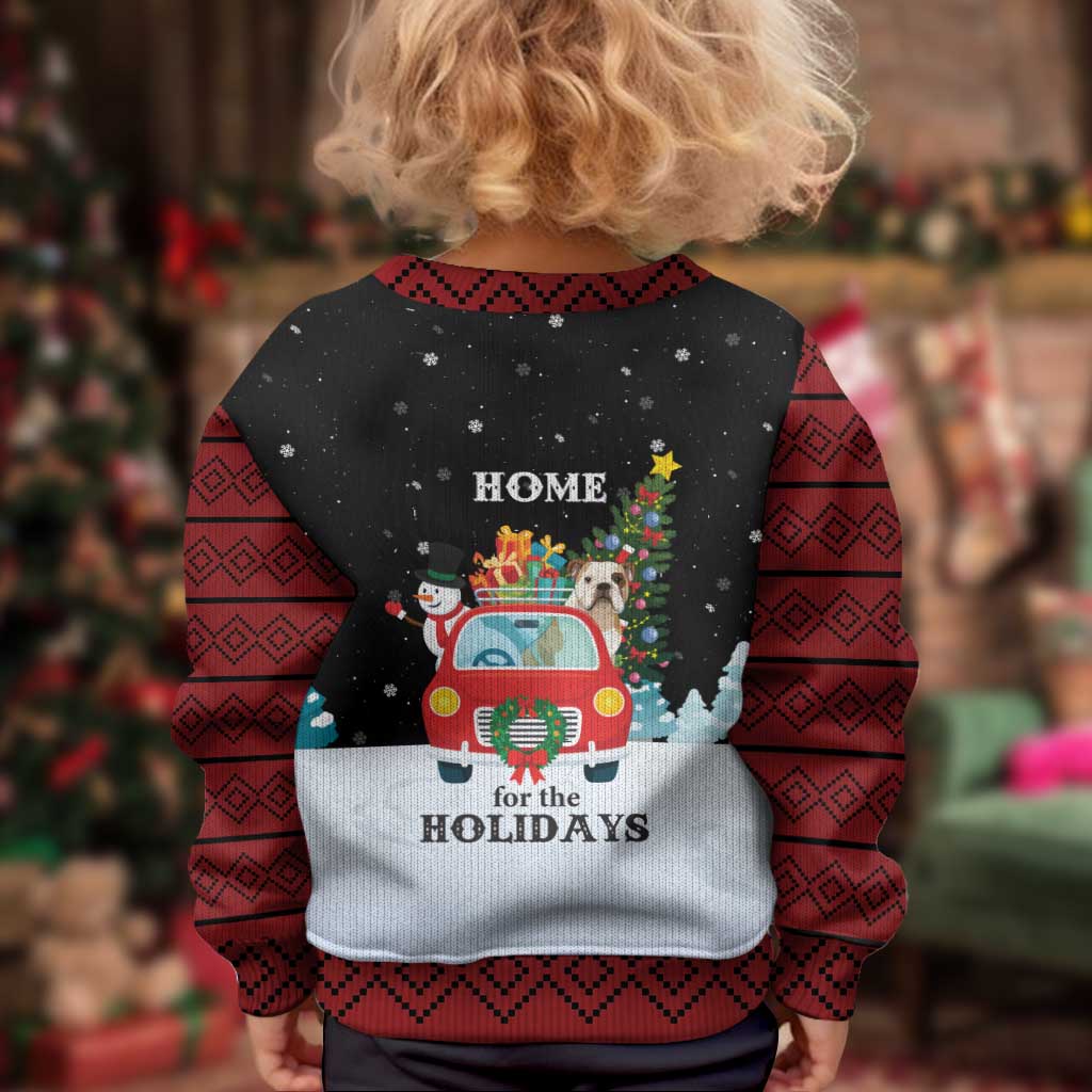 Merry Christmas Bulldog And Snowman Kid Ugly Christmas Sweater Dog Snowman Christmas Tree and Red Car Winter Scene - Wonder Print Shop