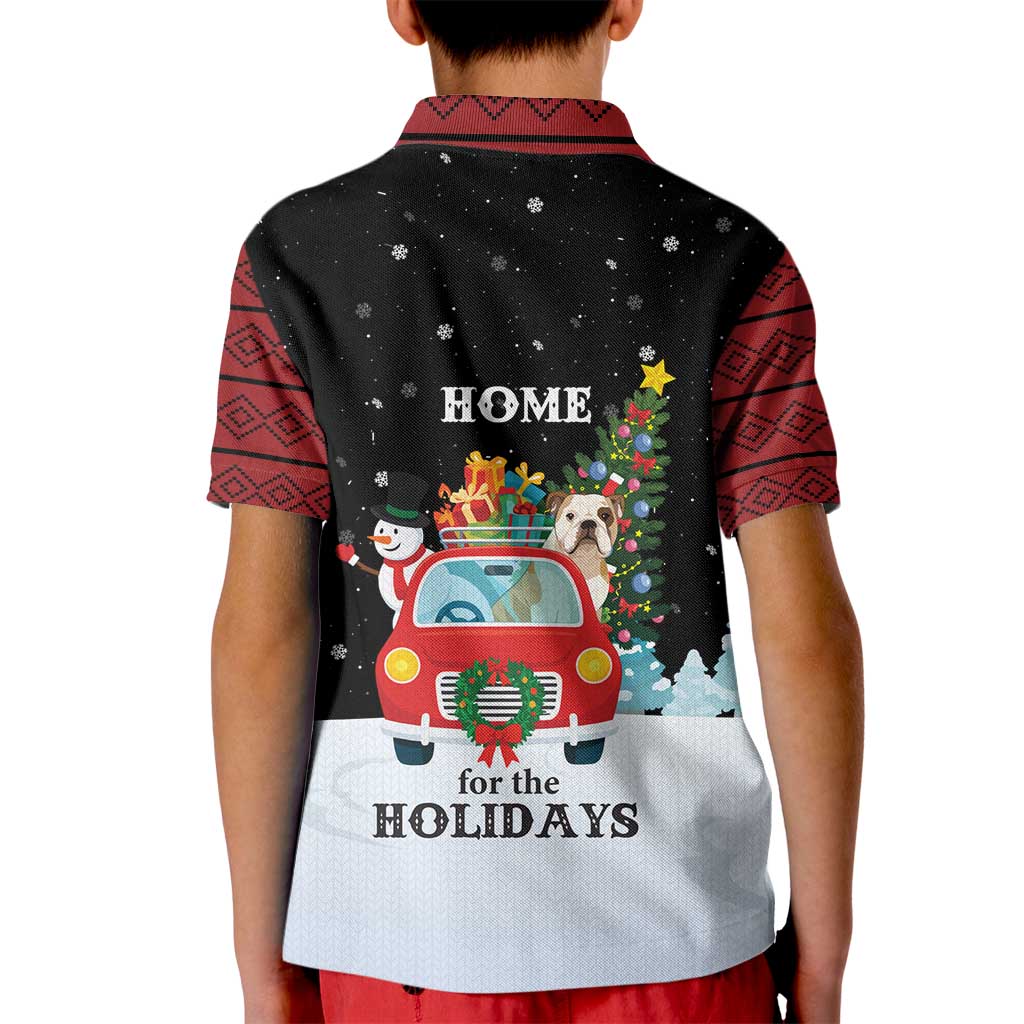 Merry Christmas Bulldog And Snowman Kid Polo Shirt Dog Snowman Christmas Tree and Red Car Winter Scene - Wonder Print Shop