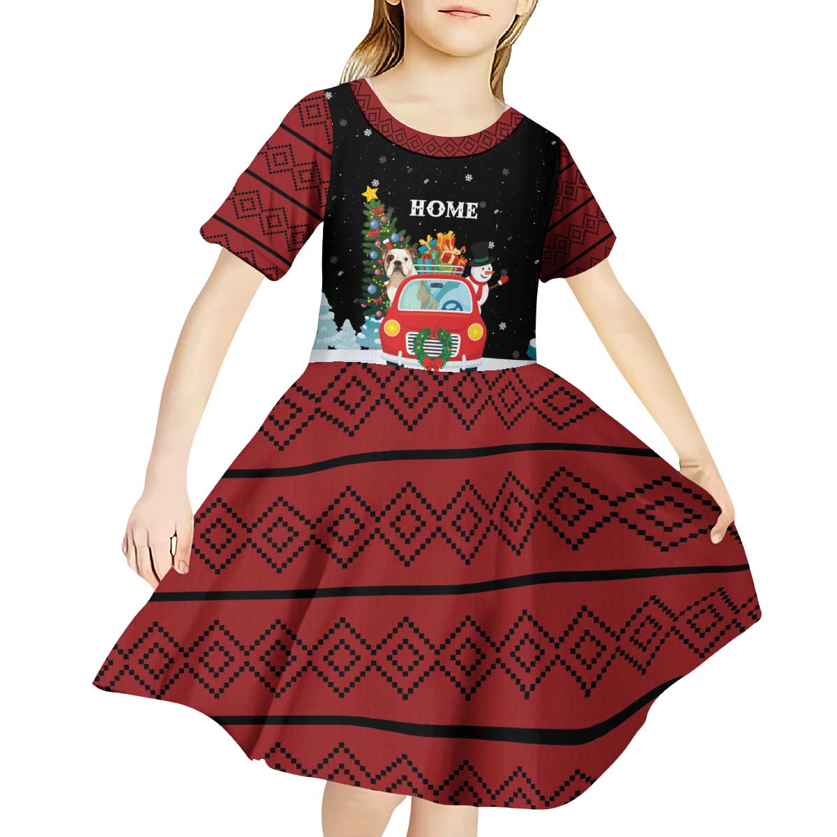 Merry Christmas Bulldog And Snowman Kid Short Sleeve Dress Dog Snowman Christmas Tree and Red Car Winter Scene - Wonder Print Shop