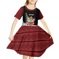 Merry Christmas Bulldog And Snowman Kid Short Sleeve Dress Dog Snowman Christmas Tree and Red Car Winter Scene - Wonder Print Shop