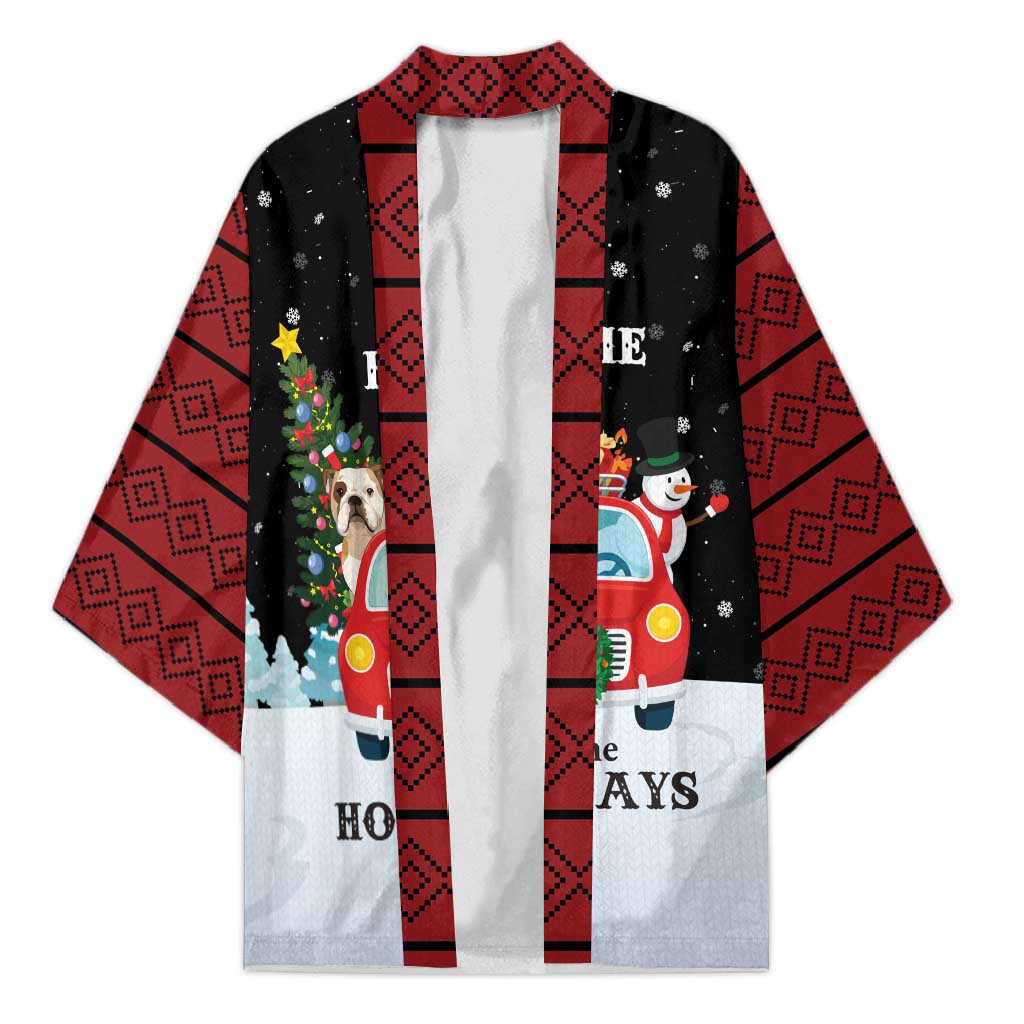 Merry Christmas Bulldog And Snowman Kimono Dog Snowman Christmas Tree and Red Car Winter Scene - Wonder Print Shop