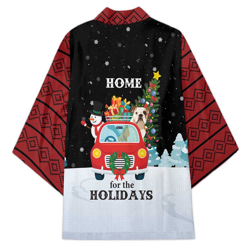 Merry Christmas Bulldog And Snowman Kimono Dog Snowman Christmas Tree and Red Car Winter Scene - Wonder Print Shop