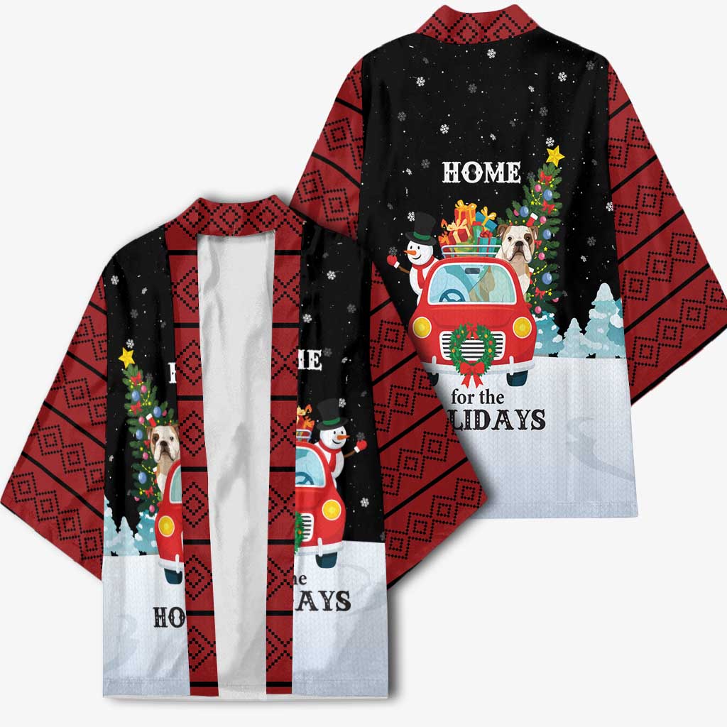 Merry Christmas Bulldog And Snowman Kimono Dog Snowman Christmas Tree and Red Car Winter Scene - Wonder Print Shop