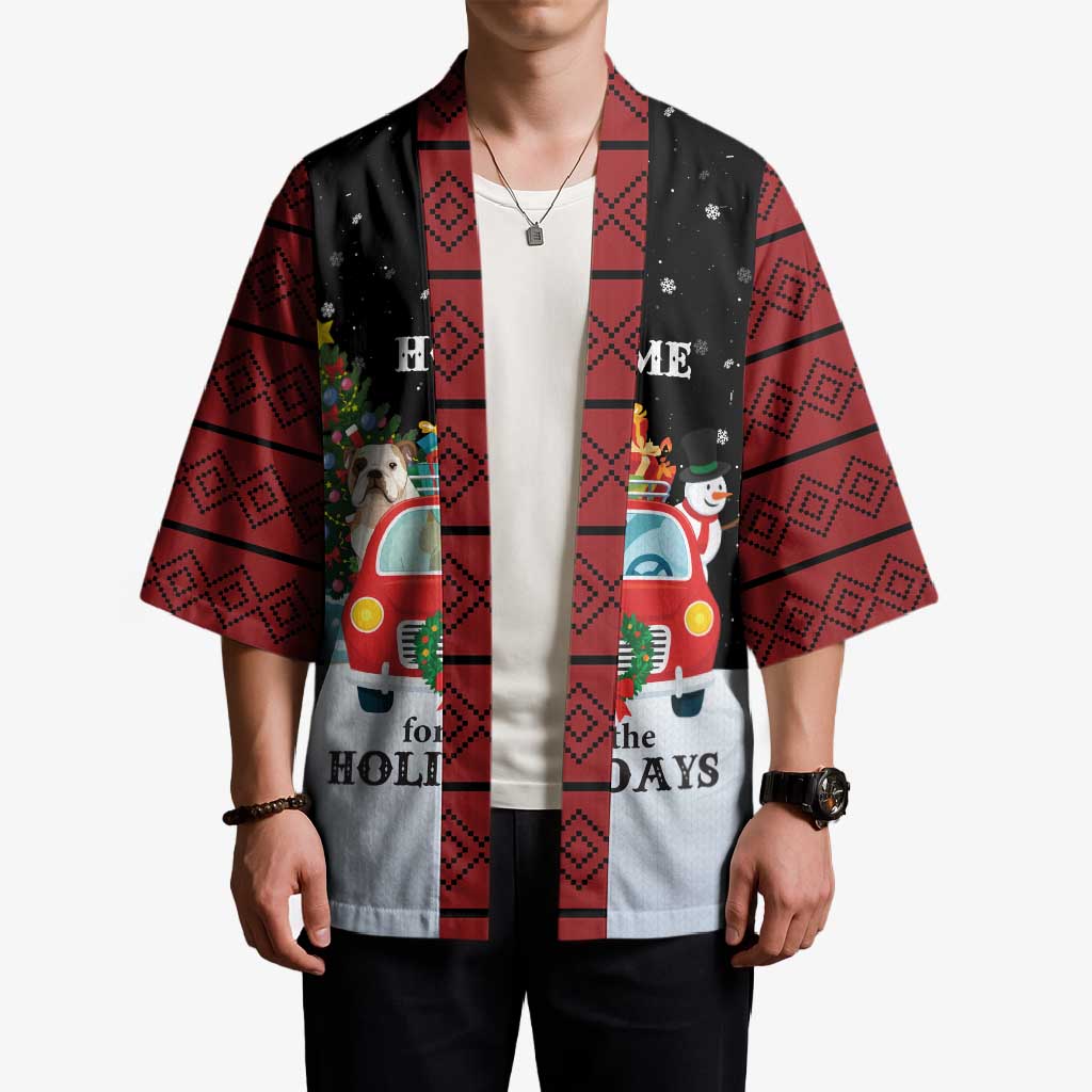 Merry Christmas Bulldog And Snowman Kimono Dog Snowman Christmas Tree and Red Car Winter Scene - Wonder Print Shop