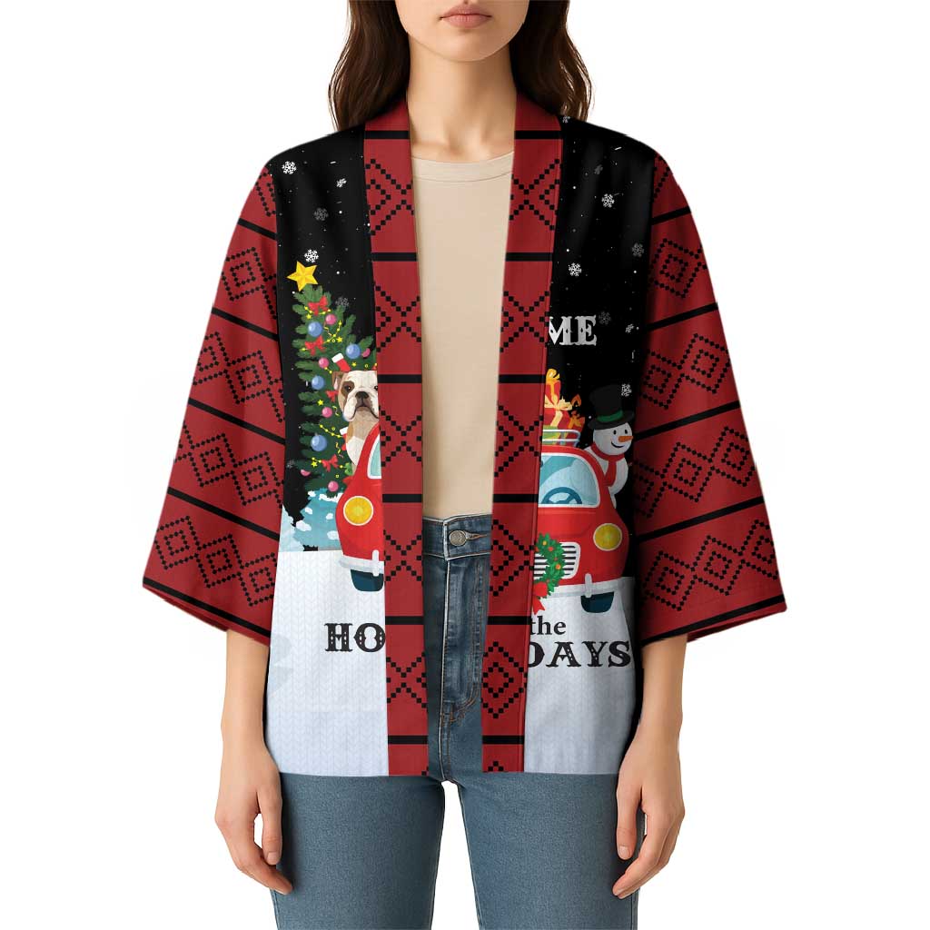 Merry Christmas Bulldog And Snowman Kimono Dog Snowman Christmas Tree and Red Car Winter Scene - Wonder Print Shop