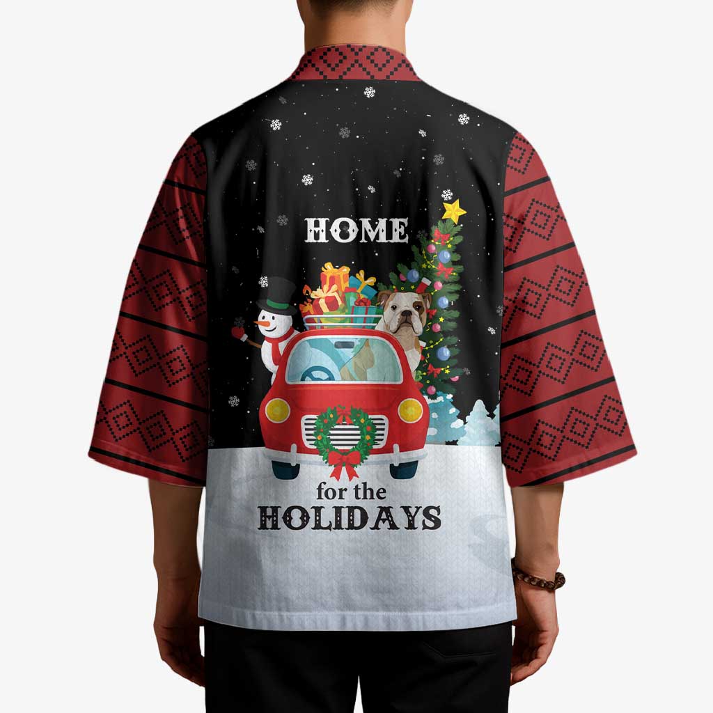 Merry Christmas Bulldog And Snowman Kimono Dog Snowman Christmas Tree and Red Car Winter Scene - Wonder Print Shop