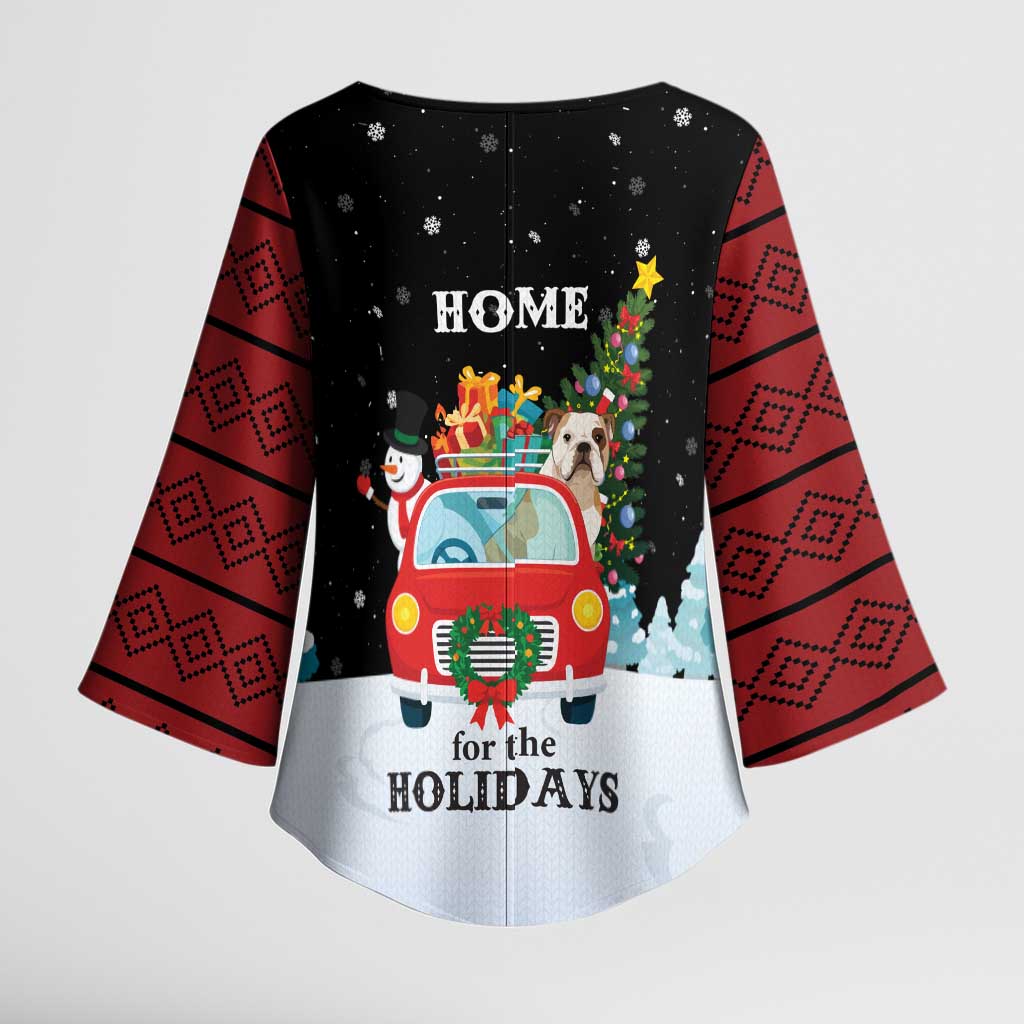 Merry Christmas Bulldog And Snowman Kimono Sleeve Blouse Dog Snowman Christmas Tree and Red Car Winter Scene - Wonder Print Shop
