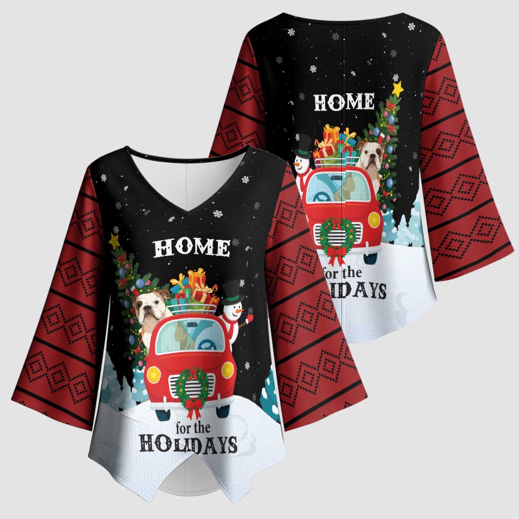 Merry Christmas Bulldog And Snowman Kimono Sleeve Blouse Dog Snowman Christmas Tree and Red Car Winter Scene - Wonder Print Shop