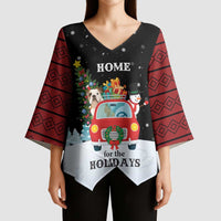 Merry Christmas Bulldog And Snowman Kimono Sleeve Blouse Dog Snowman Christmas Tree and Red Car Winter Scene - Wonder Print Shop
