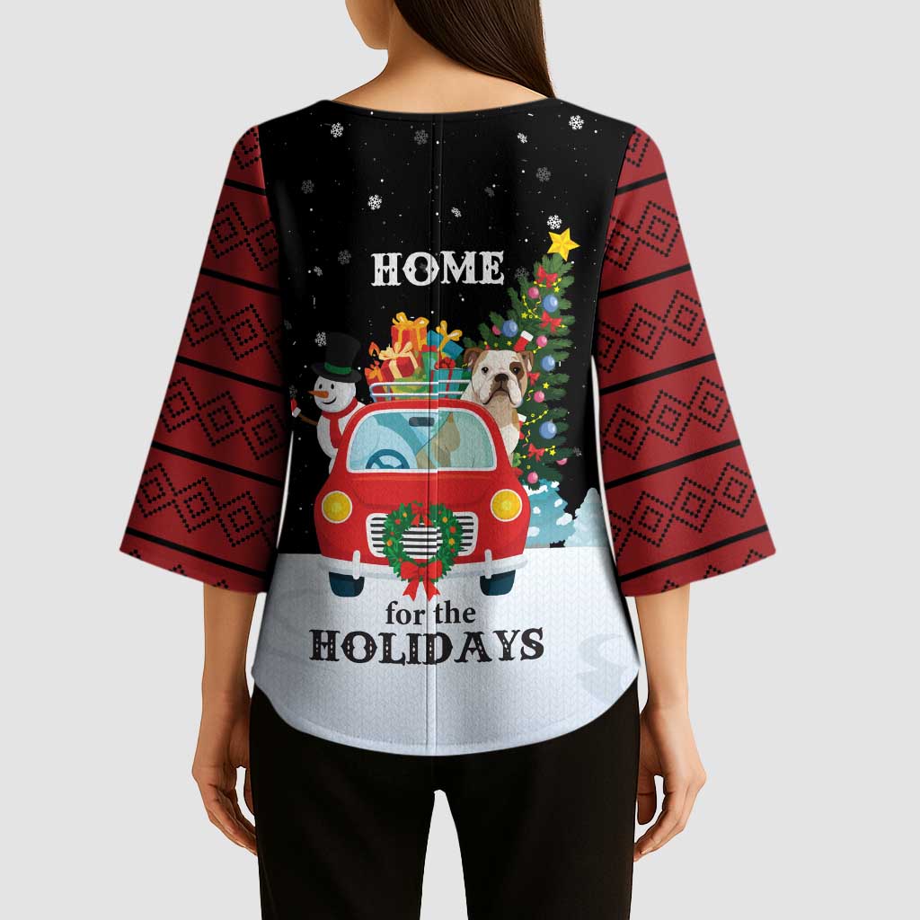Merry Christmas Bulldog And Snowman Kimono Sleeve Blouse Dog Snowman Christmas Tree and Red Car Winter Scene - Wonder Print Shop
