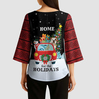 Merry Christmas Bulldog And Snowman Kimono Sleeve Blouse Dog Snowman Christmas Tree and Red Car Winter Scene - Wonder Print Shop