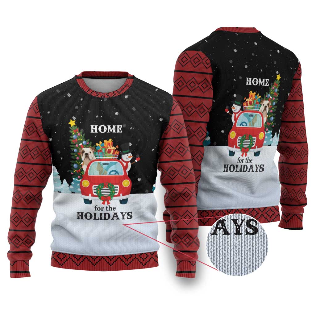 Merry Christmas Bulldog And Snowman Ugly Christmas Sweater Dog Snowman Christmas Tree and Red Car Winter Scene - Wonder Print Shop