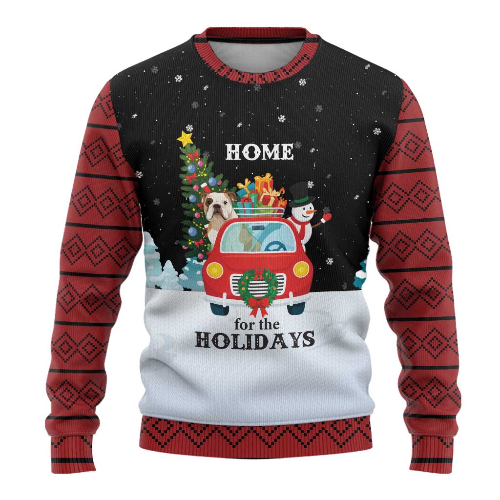 Merry Christmas Bulldog And Snowman Ugly Christmas Sweater Dog Snowman Christmas Tree and Red Car Winter Scene - Wonder Print Shop
