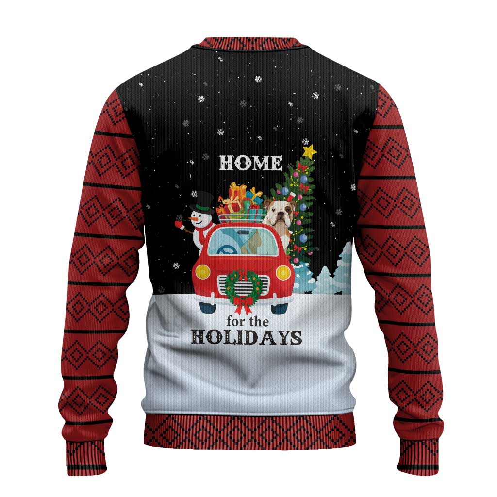 Merry Christmas Bulldog And Snowman Ugly Christmas Sweater Dog Snowman Christmas Tree and Red Car Winter Scene - Wonder Print Shop