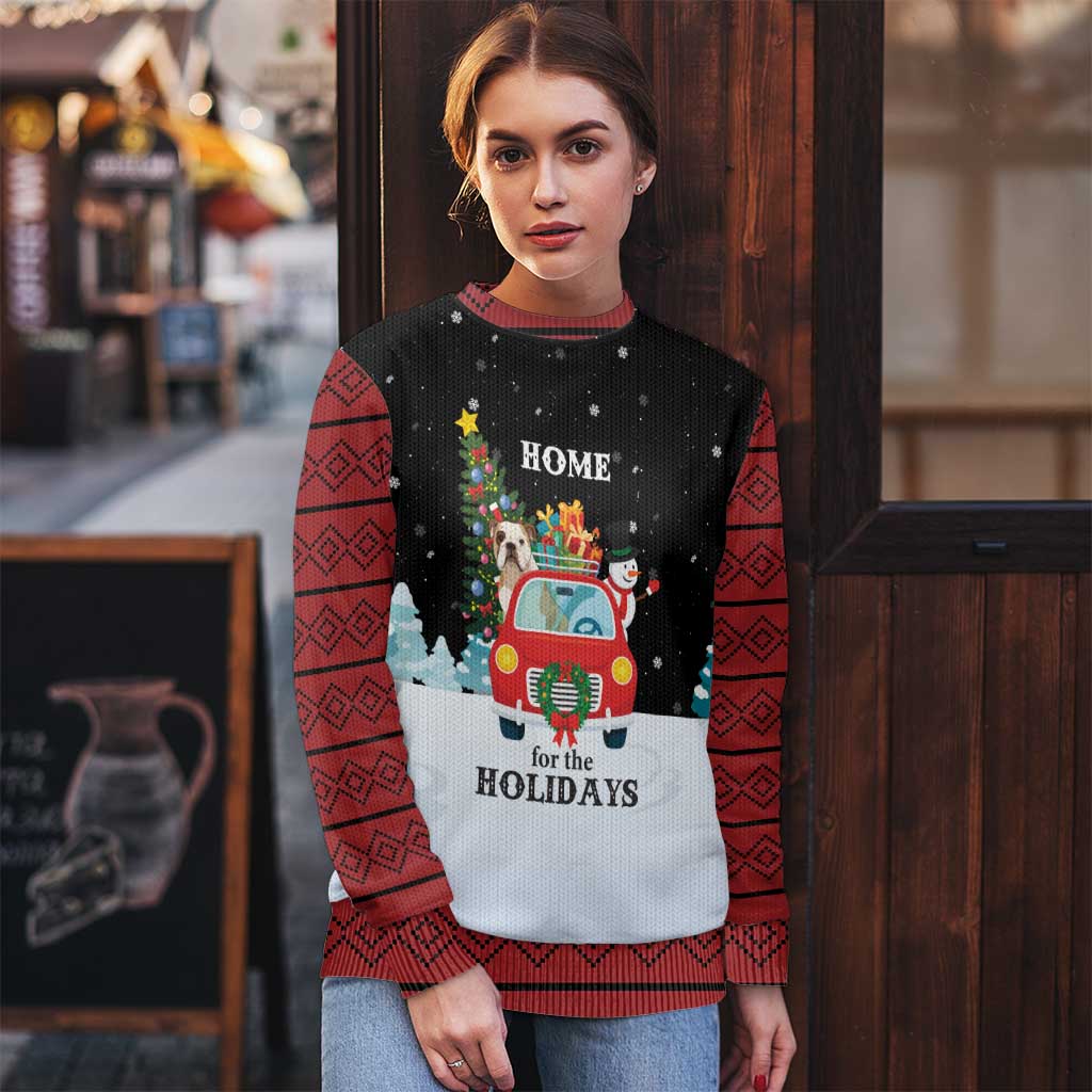 Merry Christmas Bulldog And Snowman Ugly Christmas Sweater Dog Snowman Christmas Tree and Red Car Winter Scene - Wonder Print Shop