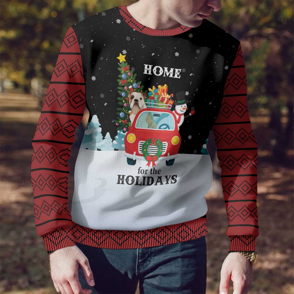 Merry Christmas Bulldog And Snowman Ugly Christmas Sweater Dog Snowman Christmas Tree and Red Car Winter Scene - Wonder Print Shop