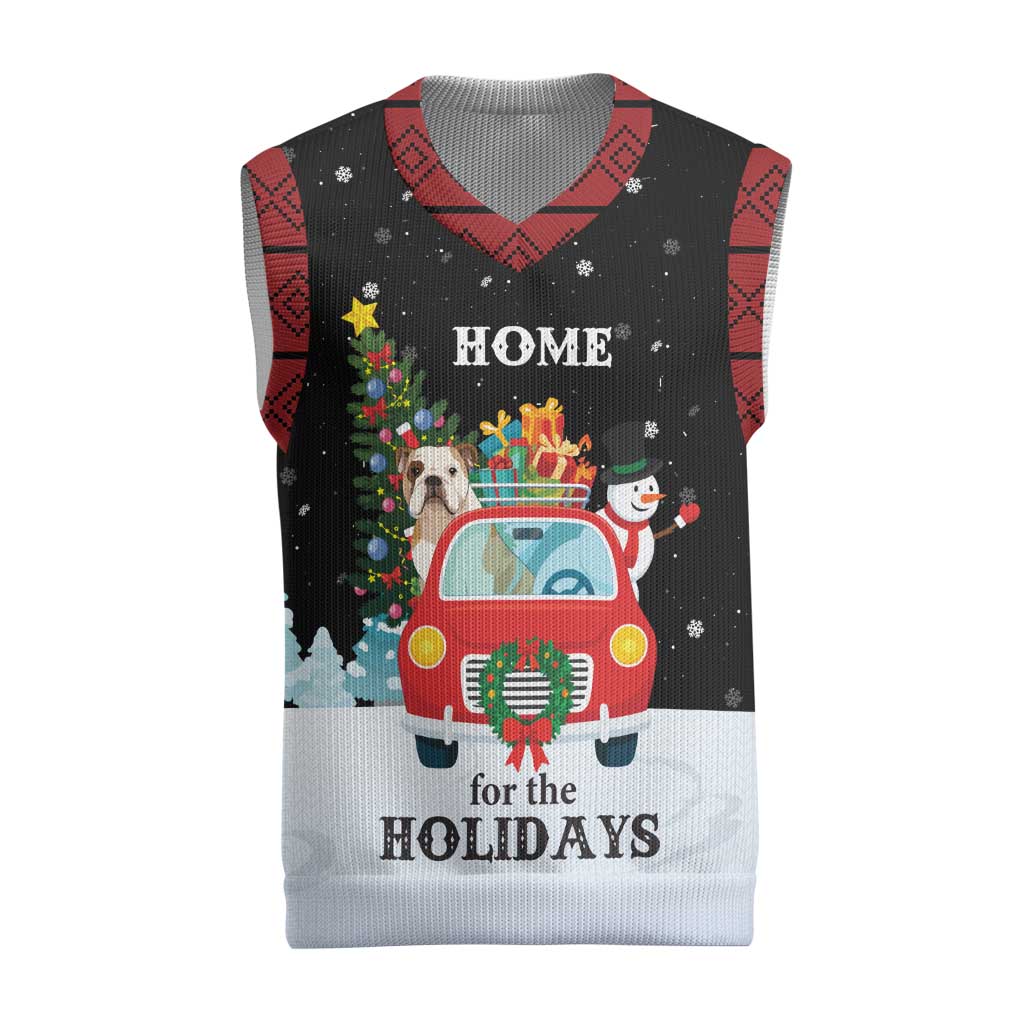 Merry Christmas Bulldog And Snowman Christmas Knitted V-Neck Vest Dog Snowman Christmas Tree and Red Car Winter Scene - Wonder Print Shop