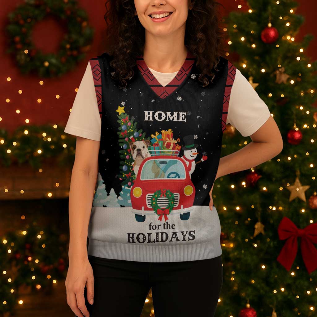 Merry Christmas Bulldog And Snowman Christmas Knitted V-Neck Vest Dog Snowman Christmas Tree and Red Car Winter Scene - Wonder Print Shop