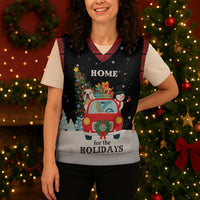 Merry Christmas Bulldog And Snowman Christmas Knitted V-Neck Vest Dog Snowman Christmas Tree and Red Car Winter Scene - Wonder Print Shop