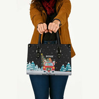 Merry Christmas Bulldog And Snowman Leather Bag Dog Snowman Christmas Tree and Red Car Winter Scene - Wonder Print Shop