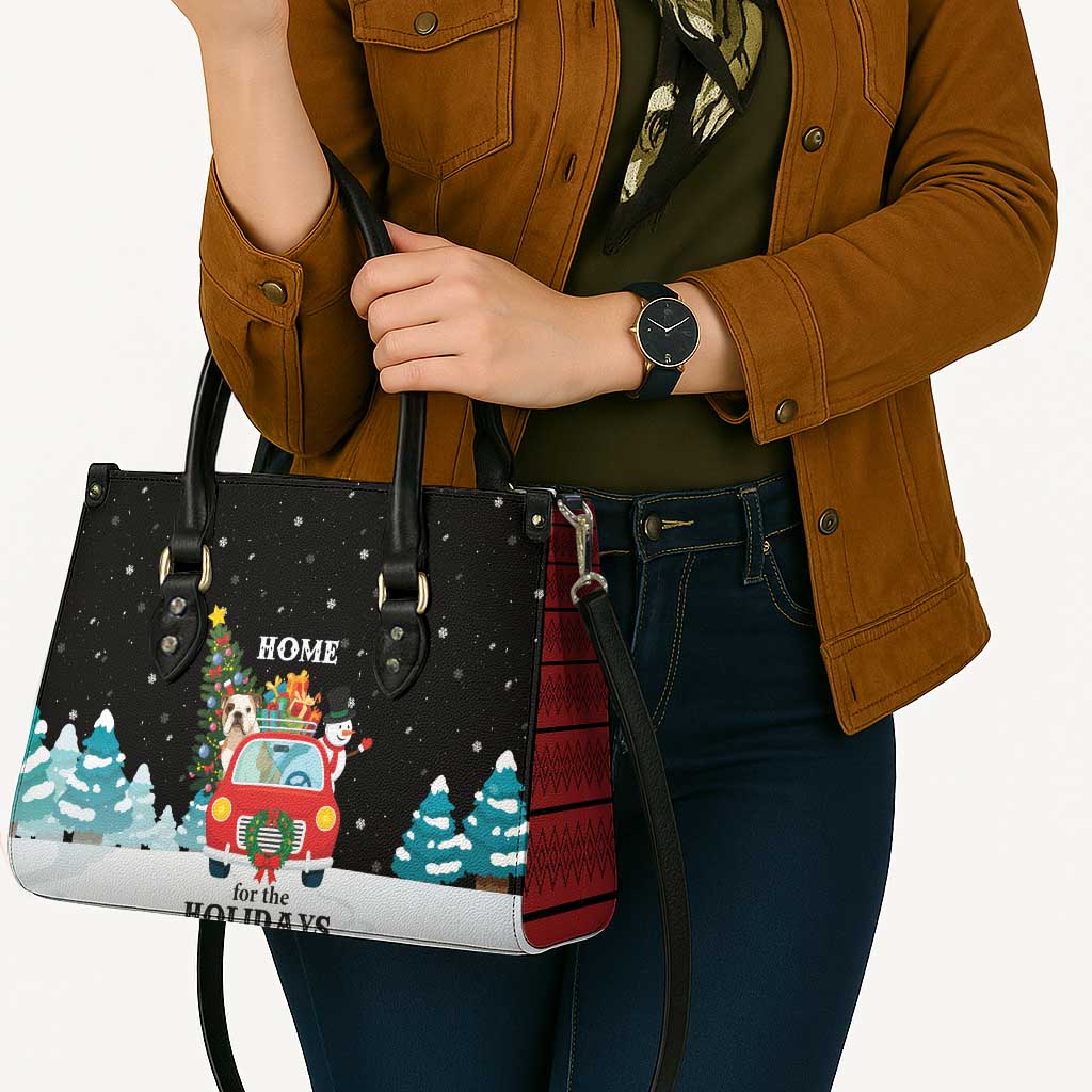 Merry Christmas Bulldog And Snowman Leather Bag Dog Snowman Christmas Tree and Red Car Winter Scene - Wonder Print Shop