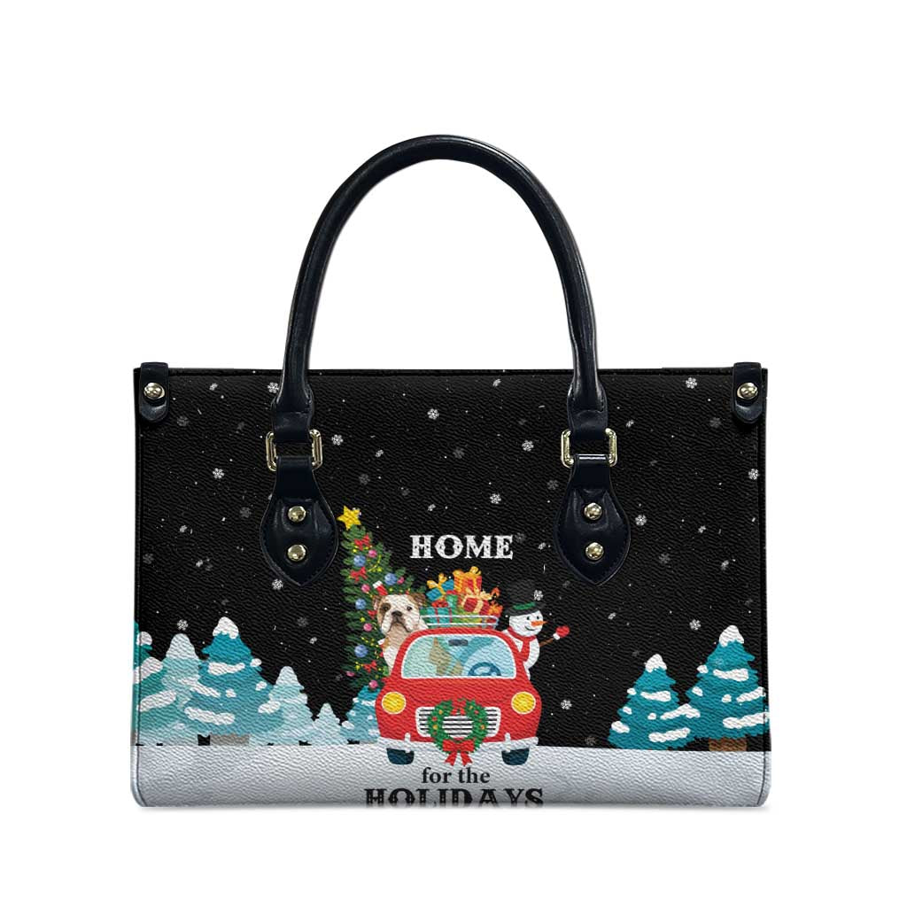 Merry Christmas Bulldog And Snowman Leather Bag Dog Snowman Christmas Tree and Red Car Winter Scene - Wonder Print Shop