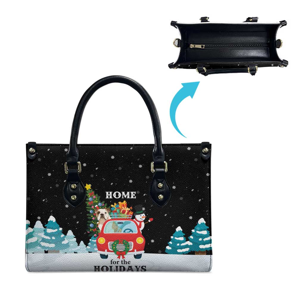 Merry Christmas Bulldog And Snowman Leather Bag Dog Snowman Christmas Tree and Red Car Winter Scene - Wonder Print Shop